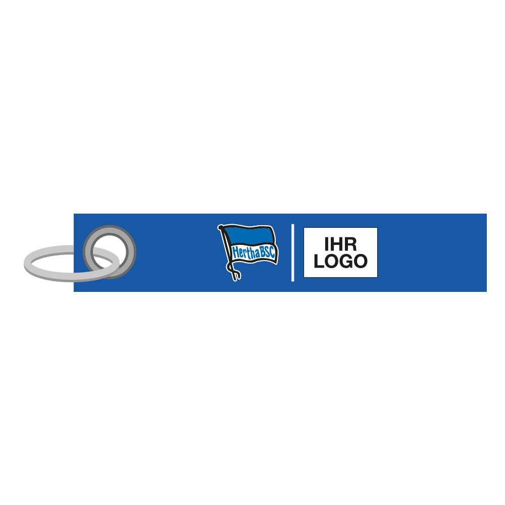 Blauer Schlüsselanhänger mit dem Hertha BSC Logo und dem durch eine senkrechte, weiße Linie abgetrennten Platzhalter für die Veredelung