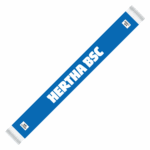 Blauer Schal mit weißen Fransen. An beiden Enden befinden sich Platzhalter für die individuelle Veredelung. In der Mitte der große Schriftzug "Hertha BSC" in weiß.