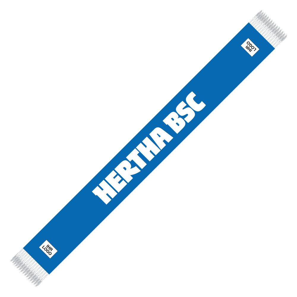 Blauer Schal mit weißen Fransen. An beiden Enden befinden sich Platzhalter für die individuelle Veredelung. In der Mitte der große Schriftzug "Hertha BSC" in weiß.