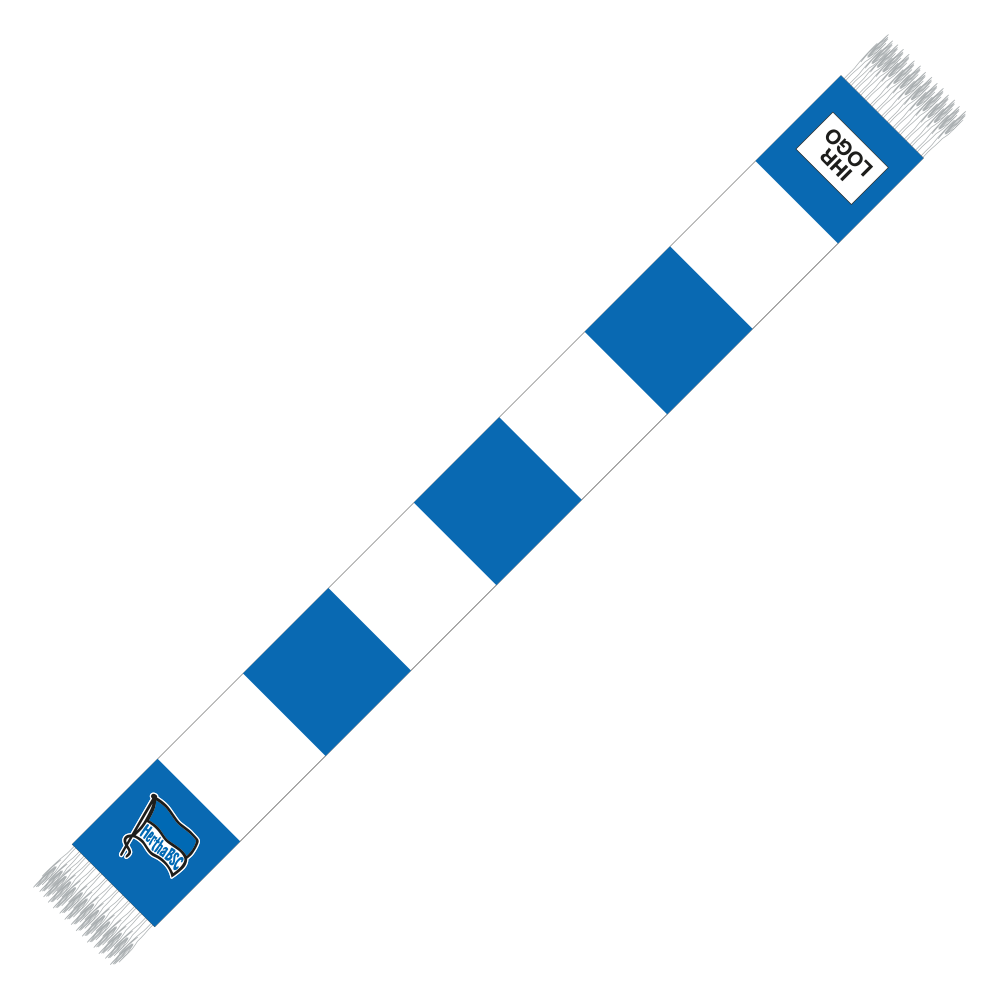 Blau-Weiß gestreifter Schal mit weißen Fransen. Am rechten Ende befindet sich ein Platzhalter für die individuelle Veredelung. Am linken Ende an gespiegelter Position das Hertha BSC Logo.