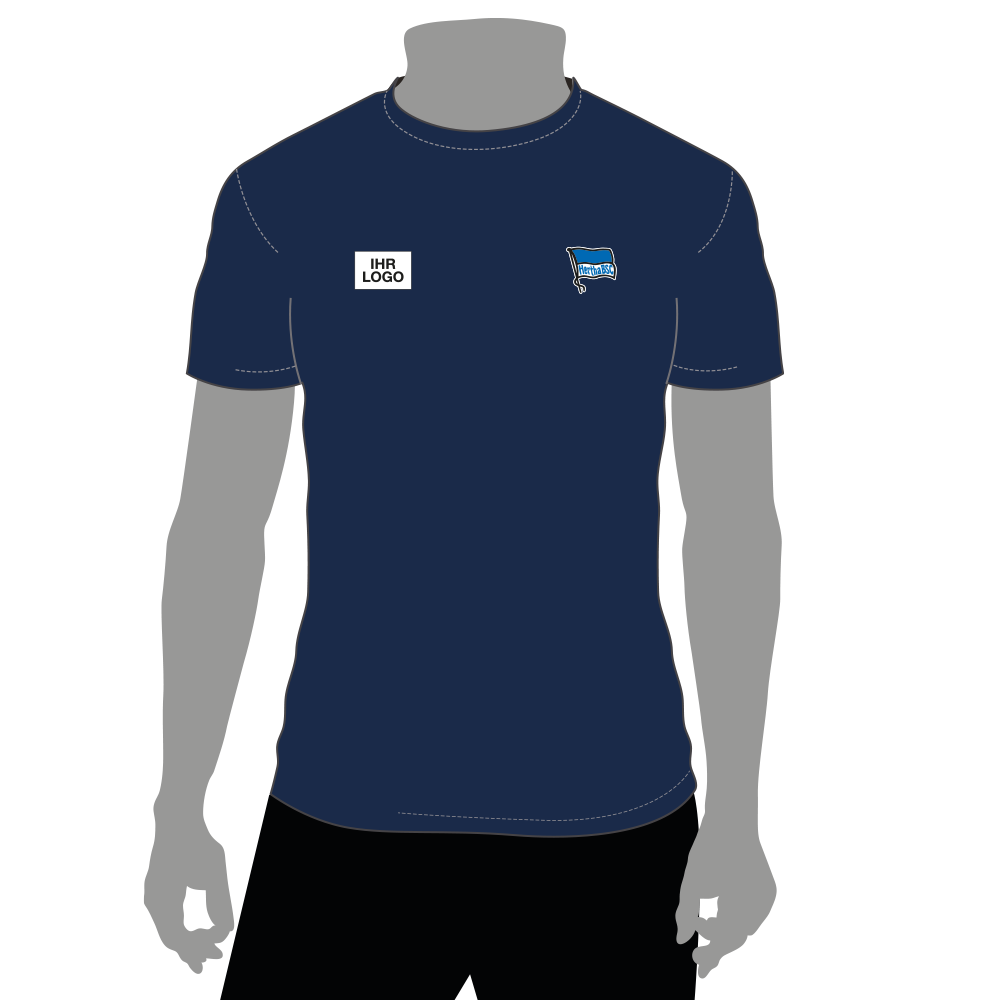 Vorderansicht T-Shirt navy mit dem Hertha BSC Logo auf der linken Brustseite und einem Platzhalter für die Veredelung auf der rechten Brustseite