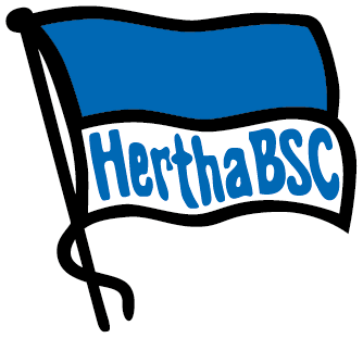 Hertha BSC Logo. Eine blau-weiße Fahne an einem schwarzen Mast. Im unteren, weißen Teil steht der blaue Schriftzug Hertha BSC.