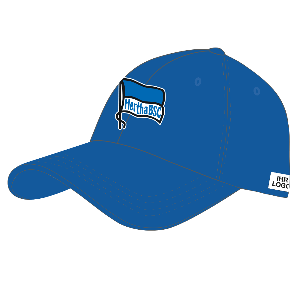 Schrägansicht der blauen Baseball Cap mit großem, gesticktem Hertha BSC Logo vorn und Platzhalter für den individuellen Logodruck an der linken Seite.