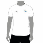 Vorderansicht T-Shirt weiß mit dem Hertha BSC Logo auf der linken Brustseite und einem Platzhalter für die Veredelung auf der rechten Brustseite