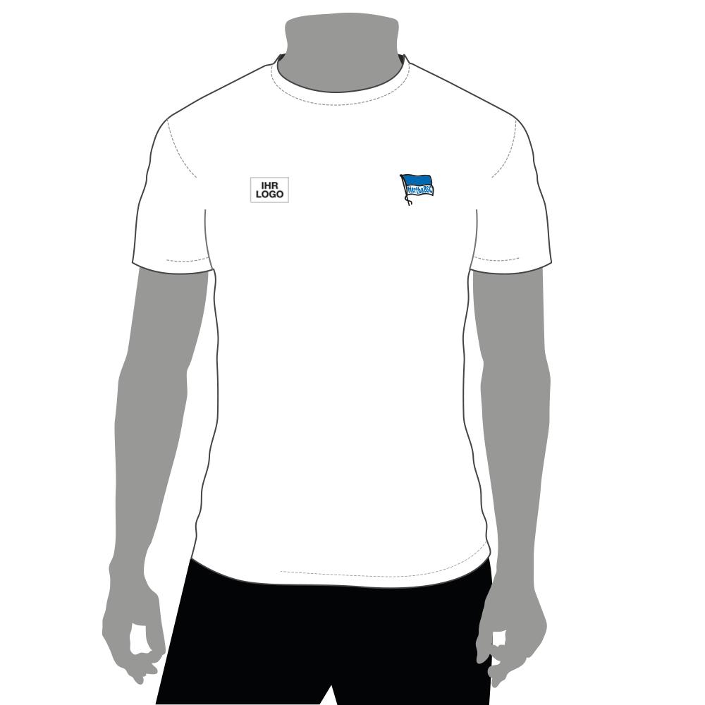 Vorderansicht T-Shirt weiß mit dem Hertha BSC Logo auf der linken Brustseite und einem Platzhalter für die Veredelung auf der rechten Brustseite