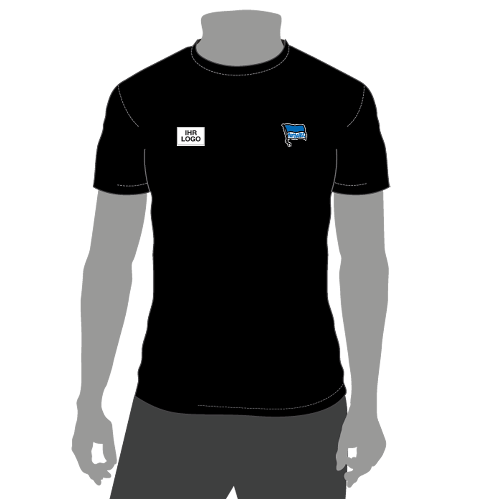 Vorderansicht des T-Shirt schwarz. Mit dem Hertha BSC Logo auf der linken Brustseite und einem Platzhalter für die Veredelung auf der rechten Brustseite.